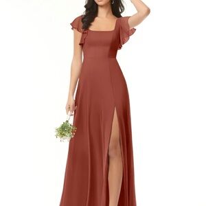 Azazie Rust Square-Neck Maxi Dress with Ruffle Sleeves